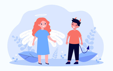 Good and bad kids flat vector illustration. Little boy with horns and tail, and girl with wings and halo, in image of angel and devil. Contrast, behavior, character, Halloween, good and evil concept