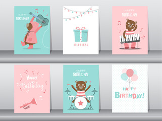 Set of birthday cards,poster,invitation card,template,greeting cards,animals,bears,cute,Vector illustrations.