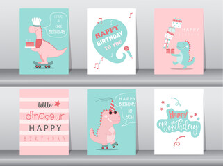 Fototapeta na wymiar Set of cute birthday cards,poster,template,greeting cards,animals,dinosaurs,Vector illustrations.