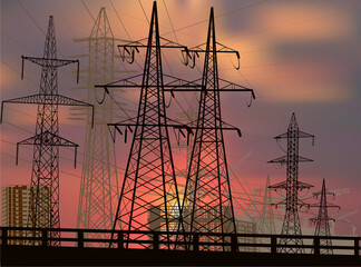 electric towers group near buildings at red sunset