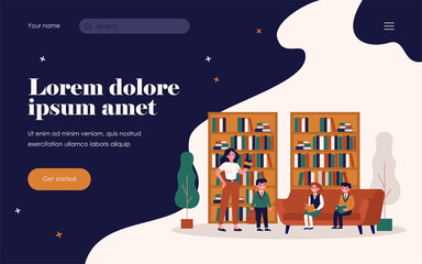 School children reading books in library. Female librarian, bookshelves, pupils flat vector illustration. Education, literature, knowledge concept for banner, website design or landing web page