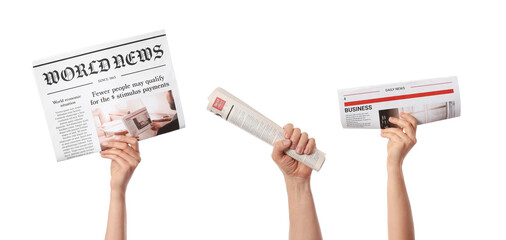 People with newspapers on white background - obrazy, fototapety, plakaty