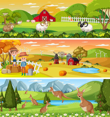 Obraz premium Set of different nature landscape at daytime scene with cartoon character