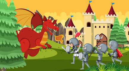 Fototapeta premium Knights fight with dragon at the castle