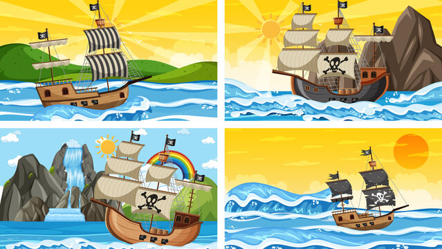 Set of Ocean with Pirate ship at different times scenes  in cartoon style