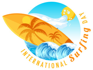 Fototapeta na wymiar International Surfing Day banner with a surfboard in water wave isolated
