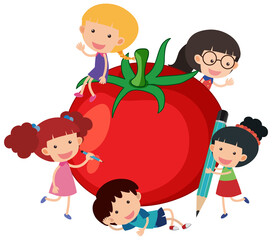 Obraz premium Tomato with many children cartoon character isolated
