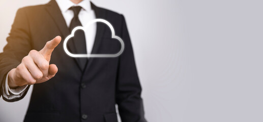 Hand holding icon cloud computing network and icon connection data information in hand. Cloud computing and technology concept.