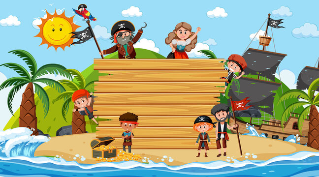 Empty wooden board with many pirate kids cartoon character at the beach