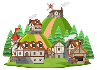 Naklejka premium Medieval village with villagers on white background