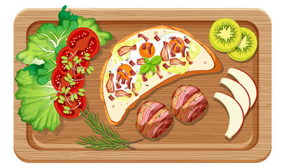 Top view of breakfast set in a cutting board isolated