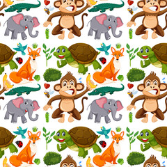 Seamless pattern with cute wild animals cartoon character