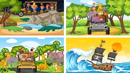 Wandaufkleber Set of different scenes with animals in the zoo and pirate ship at the sea © brgfx