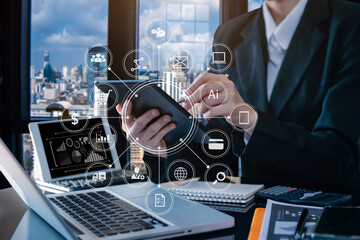 Coding software developer work with augmented reality dashboard computer icons of scrum agile development and code fork