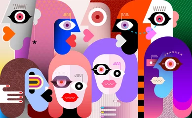 Zelfklevend Fotobehang Grote groep mensen moderne kunst vectorillustratie. Abstracte kunstwerken van veel verschillende gezichten. ©  danjazzia