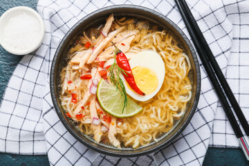 Bowl of tasty Thai soup with chicken on dark background