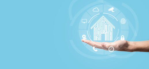 Hand hold house icon.Smart home controlled, intelligent house, and home automation app concept.Pcb...