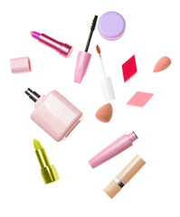 Set of makeup cosmetics and sponges on white background
