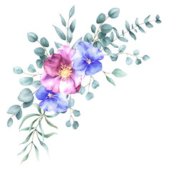Watercolor Floral Composition. Purple and Pink Flowers with Eucalyptus Branches, Isolated on White.