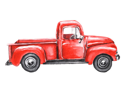 Watercolor Red Truck, Isolated on white. Hand painted Vintage Pickup. Illustration for Design.