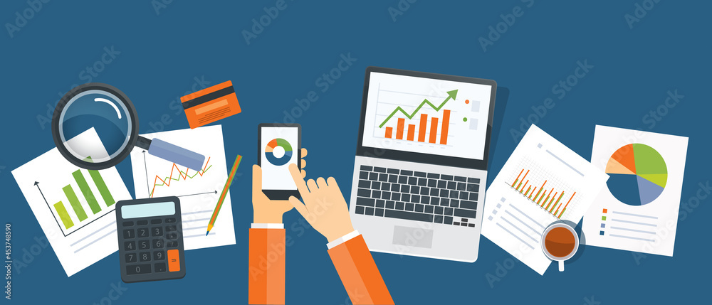 Fototapete Flat vector web banner design for business finance investment planning with performance report document and statistical and Data analysis design concept and handhold mobile 