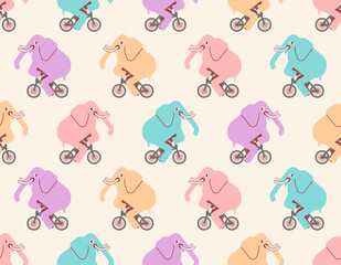 Elephant on bicycle pattern seamless. animal is riding bicycle background. Baby fabric texture. Cartoon childrens ornament