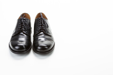 Footwear Concepts. Pair of Male Stylish Black Polished Derby Calf Leather Laced Shoes.