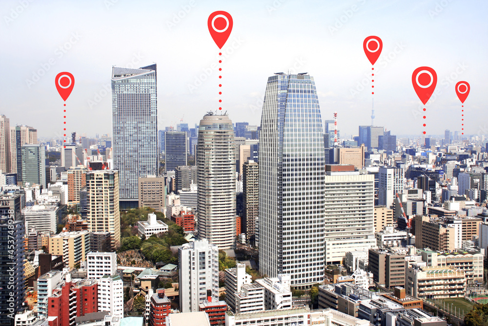 Sticker Network connection concept. Aerial view on Tokyo with location pin