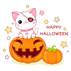 Happy Halloween. Greeting Halloween card with kawaii cat and pumpkin