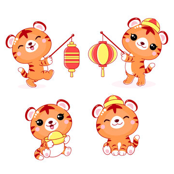 Happy New 2022 Year. Set of cute little tigers in kawaii style