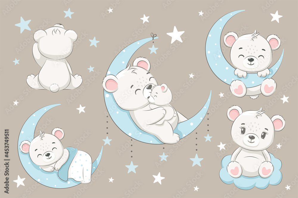 Wall mural a collection of cute bears, sleeping on the moon, dreaming and flying in a dream on the clouds. cart