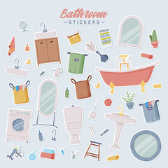 Bathroom or Washroom Stickers with Bathtub, Wash Basin and Mirror with Objects for Personal Hygiene Vector Set
