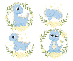 Set of cute baby dinosaurs illustration. Vector illustration for baby shower, greeting card, party invitation, fashion clothes t-shirt print.