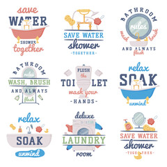 Bathroom Lettering with Shower and Washing Inscription and Furniture Item Vector Set