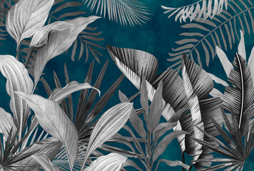 Mural for the walls. Photo wallpapers for the room. Tropical leaves on a blue background in the grunge style. - obrazy, fototapety, plakaty