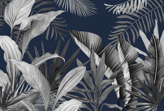 Fototapeta Mural for the walls. Photo wallpapers for the room. Tropical leaves on a blue background in the grunge style.