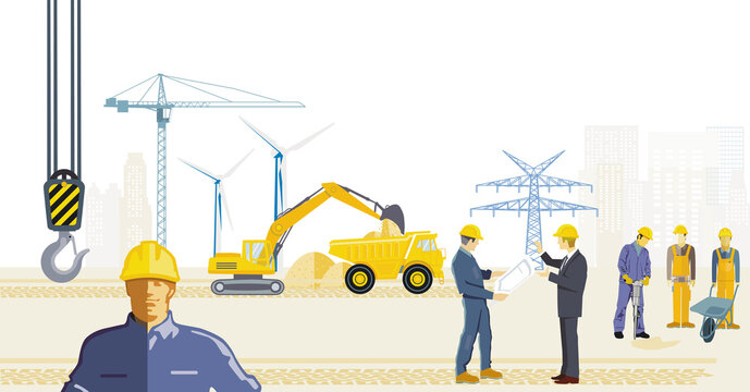 Baustelle mit Bauarbeitern und Windräder und Hochspannungsleitung, illustration