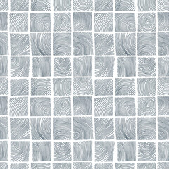 Hand drawn seamless pattern with illustration of wooden cross sections isolated on white background. Abstract monochrome background with square elements of wood saw cuts