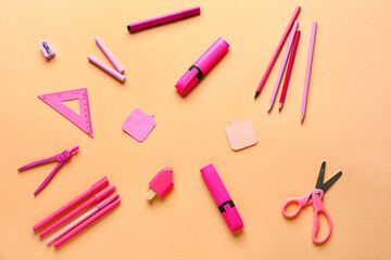 Stationery supplies on color background