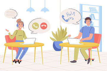 Call center concept. Support staff answers calls and messages, resolving customer issues, help and advice. Operators team working on hotline or helpdesk. Vector illustration in trendy flat design