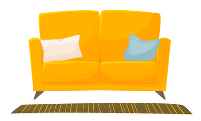 Cute sofa with pillows and carpet isolated on white background. Interior items, vector illustration.