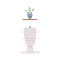 Bathroom or Washroom Interior Toilet Bowl and Shelf with Houseplant Vector Illustration
