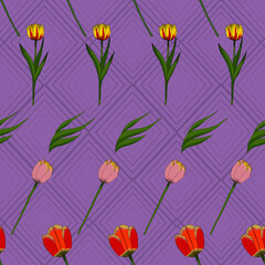 Colorful tulips vector seamless pattern design on purple rhombus pattern background