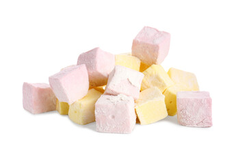 Tasty sweet marshmallows on white background