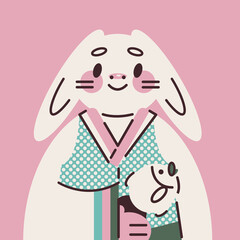 Cute bunny in traditional Korean hanbok dress with fish pie in his paw. Chuseok holiday. Vector cartoon illustration, postcard, print