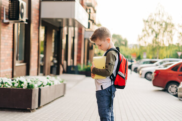 Back to school. Cute child with backpack holding notepad and training books going to school. Boy pupil with bag. Elementary school student going to classes. Kid walking outdoor on the city street.