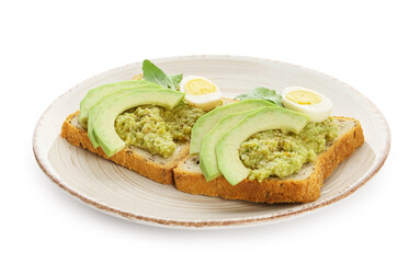 Avocado toasts with guacamole and egg on white background