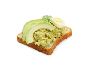 Avocado toast with guacamole and egg on white background