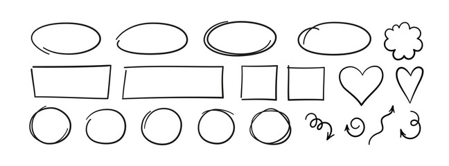 Set of hand drawn circles, ovals, hearts and arrows. Highlight circle frames. Ellipses and curly arrows in doodle style. Vector illustration isolated on white background. © Elena Pimukova