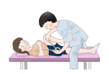 下肢（股関節屈曲）の関節可動域測定（ROM測定）をする理学療法士か作業療法士 - obrazy, fototapety, plakaty